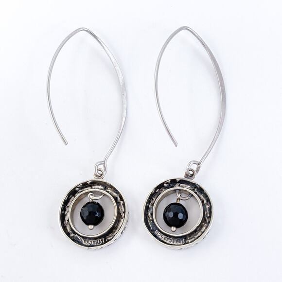 Vintage Sterling Silver 925 Ornate Black Glass Dangle Earrings - Picture 4 of 7